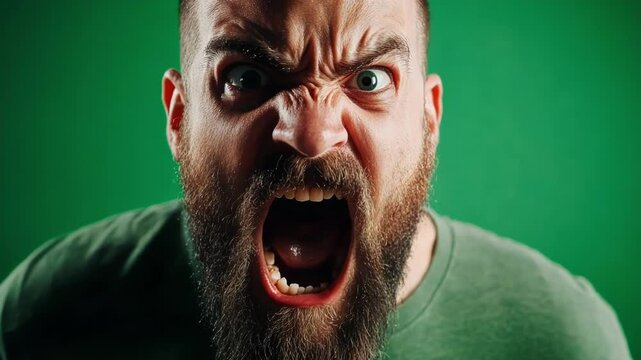 Furious bearded man shouts in front of a green screen, showing intense anger and stress