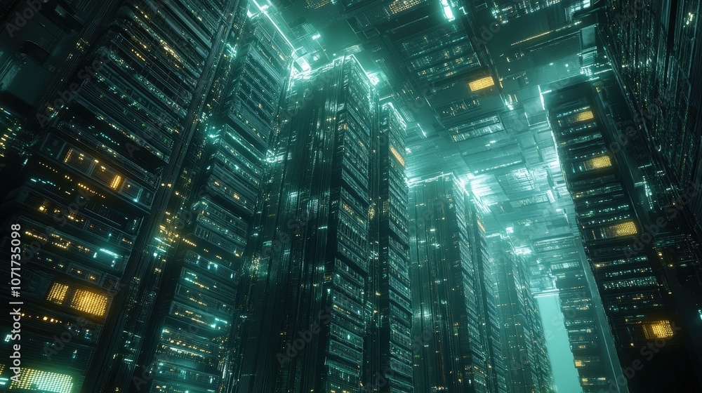 Poster a large data center filled with rows of powerful servers processing vast amounts of information
