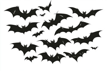 Naklejka premium Vector sticker of black bats flying in silhouette against solid white background.