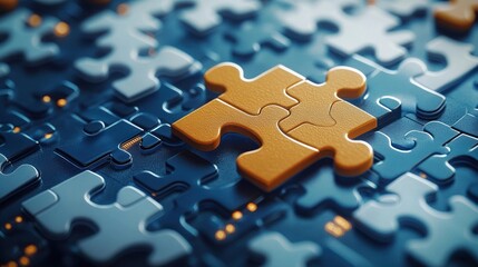 Two orange puzzle pieces fit together on a blue background of other puzzle pieces.