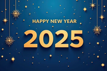 Celebrate the New Year 2025 with Style: Golden Glittering Stars and Happy Wishes on a Deep Blue Background