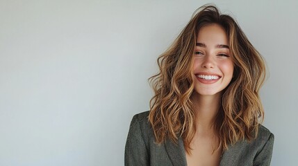 Obraz premium Smiling young woman with wavy hair against background