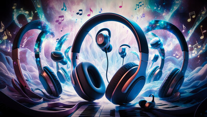 Fototapeta premium Headphones in an abstract composition. Concept of modern music listening.
