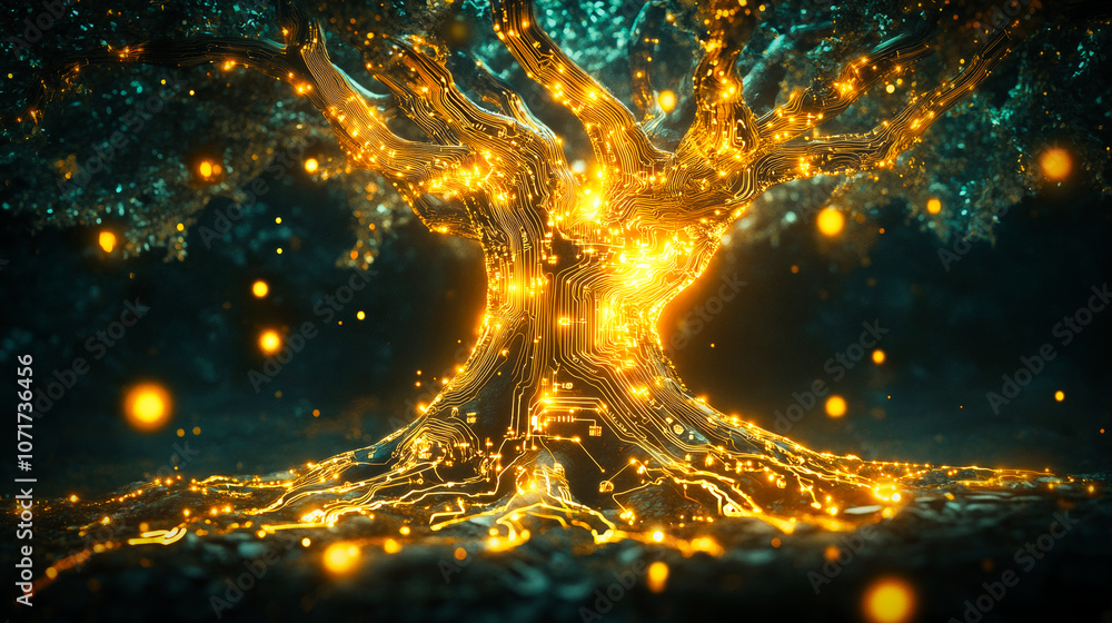Poster a stylized glowing tree with intricate electronic circuit patterns