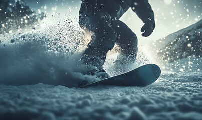 Naklejka premium A snowboarder carving through fresh snow amidst a winter landscape.