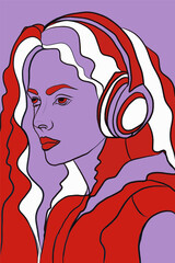 Girl listening to music on headphones. Music therapy. Profile of young girl. Musician avatar side view. Illustration on red background. Poster. Poster. Logo.