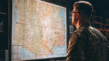A military strategist standing before a large map, planning out the logistics for an operation. The map is filled with detailed annotations and markers.