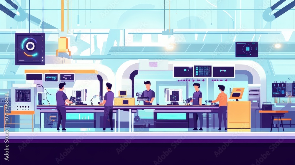 Poster a modern factory assembly line with workers assembling electronic devices, showcasing the efficiency