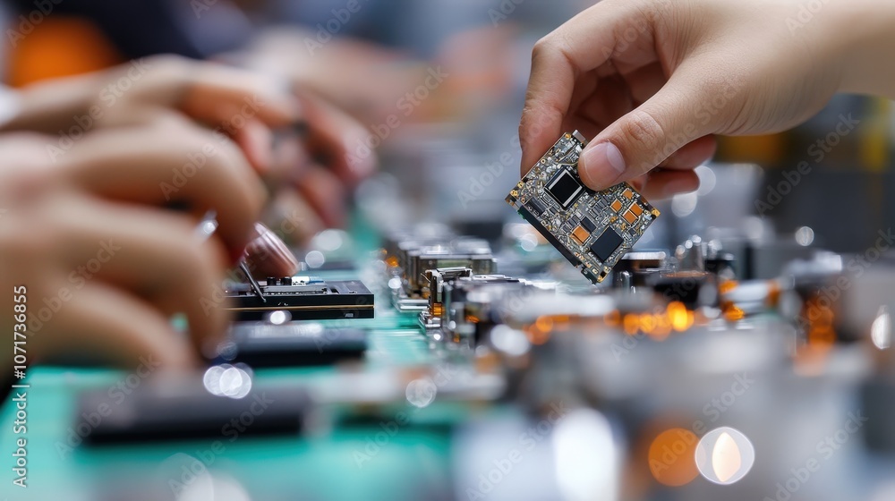 Poster a modern factory assembly line with workers assembling electronic devices, showcasing the efficiency