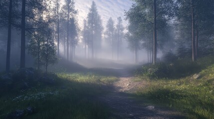 Obraz premium A misty forest clearing as dawn breaks, symbolizing a path forward and new opportunities in life, where each step brings discovery.