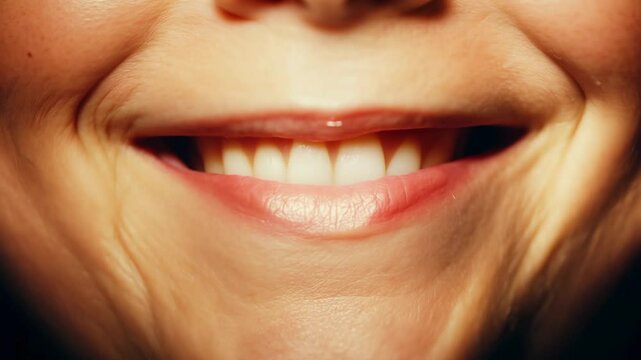 Close-up video of a dimple forming with a smile, soft diffused overhead lighting, focus pull effect.