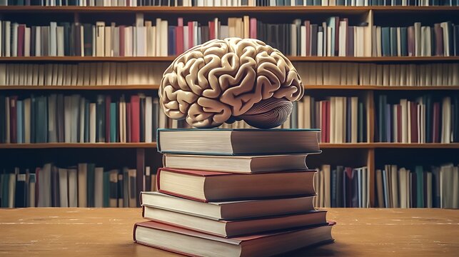 Conceptual image of a digital brain with educational books, symbolizing the convergence of technology and traditional learning methods