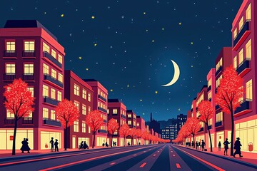 Naklejka premium Vibrant Nighttime Cityscape with Red Trees and Moonlit Streets, Perfect for Urban Wall Art or Home Decor