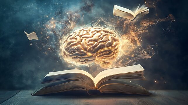 Digital brain with books and flowing light patterns, symbolizing the impact of technology on modern education and cognitive development