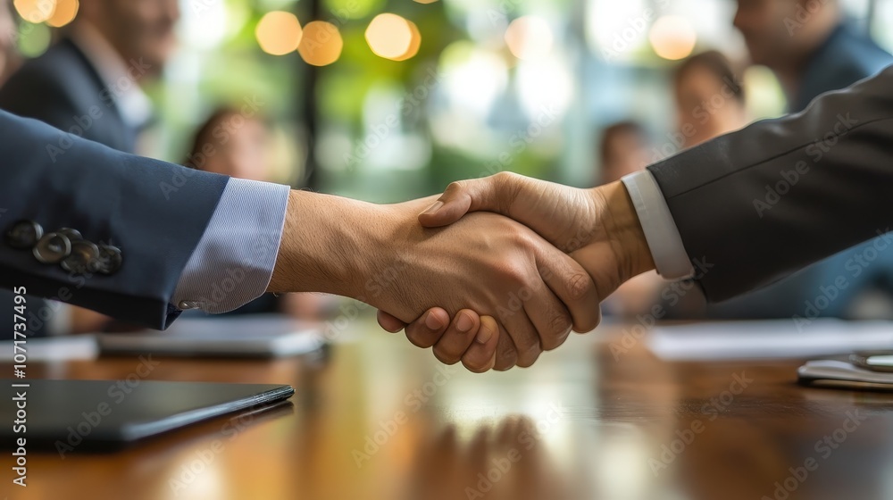 Poster a negotiation table with a diverse group of business leaders from different industries, discussing c