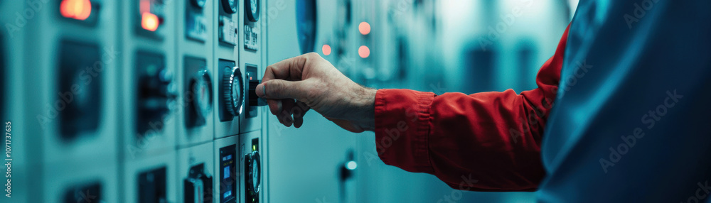 Poster a person in a red jacket is adjusting a control panel in a technical setting, surrounded by equipmen