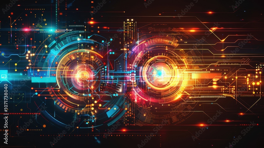 Poster abstract digital design featuring vibrant circles and lines, representing technology and data.