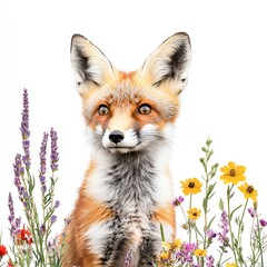 Fototapeta premium A curious fox sits amidst colorful wildflowers, creating a vibrant and serene wildlife scene.