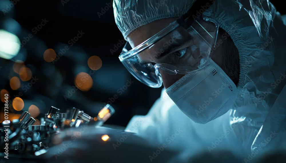 Poster a focused scientist in protective gear examines intricate machinery under low light, emphasizing pre