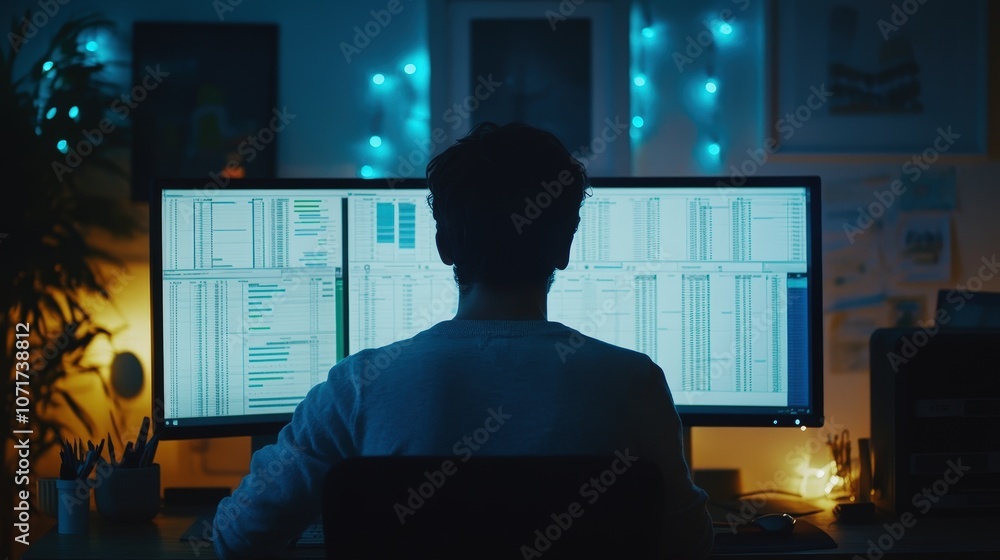Poster a person in front of a computer screen, creating a detailed financial plan for a new startup. spread