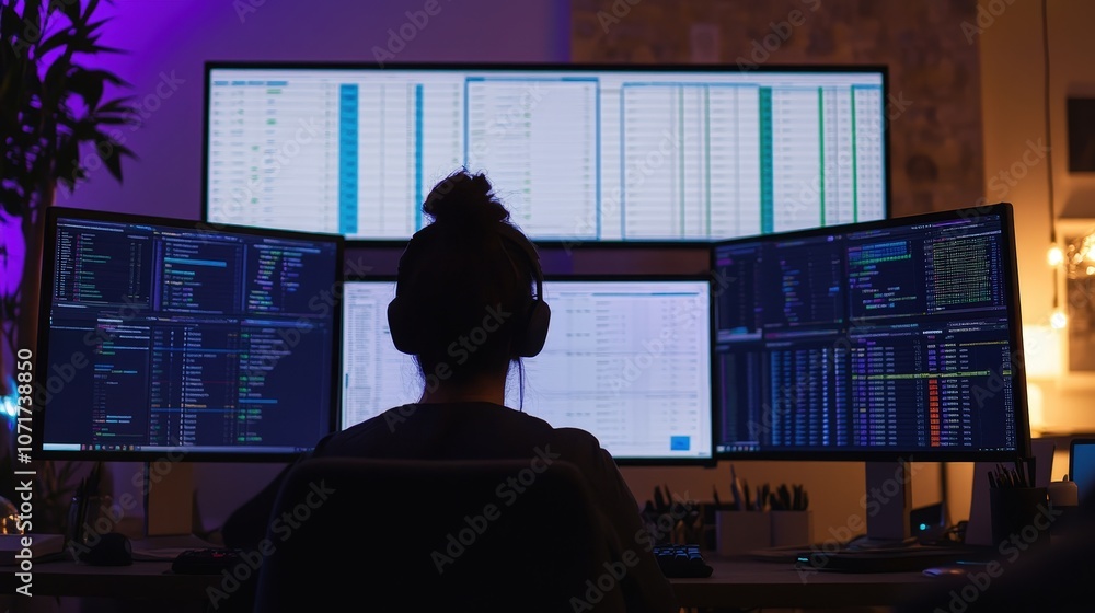 Poster a person in front of a computer screen, creating a detailed financial plan for a new startup. spread