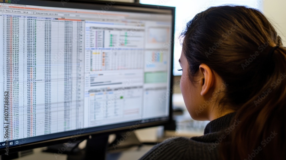 Poster a person in front of a computer screen, creating a detailed financial plan for a new startup. spread