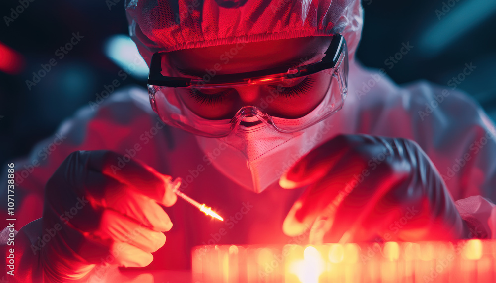 Poster a focused scientist conducts an experiment with glowing samples in a high-tech lab, wearing protecti