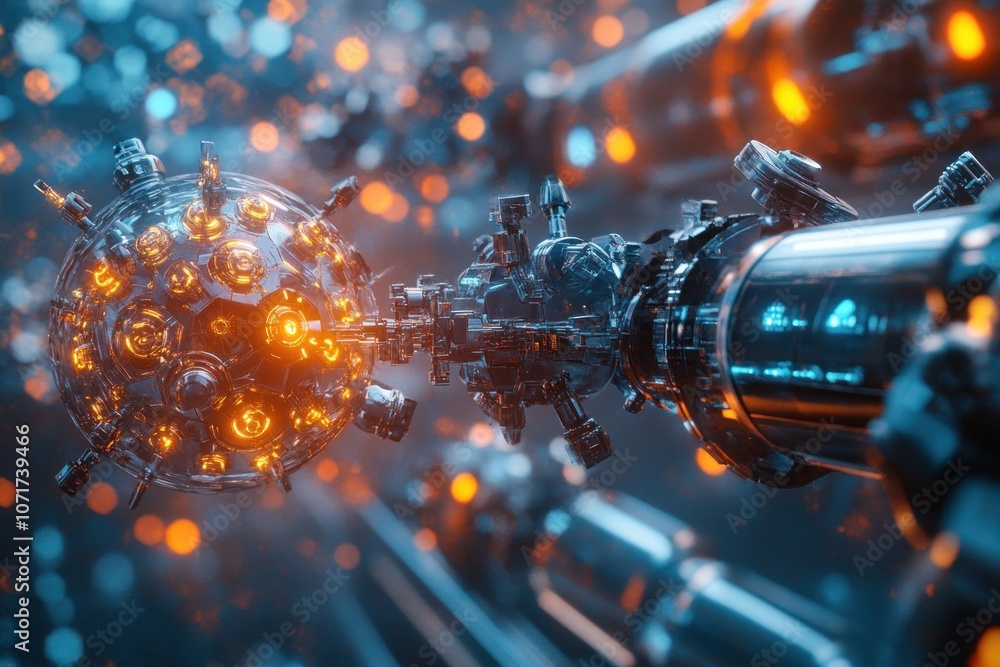 Poster a close-up of a futuristic, metallic robotic arm reaching towards a glowing orb with a complex syste