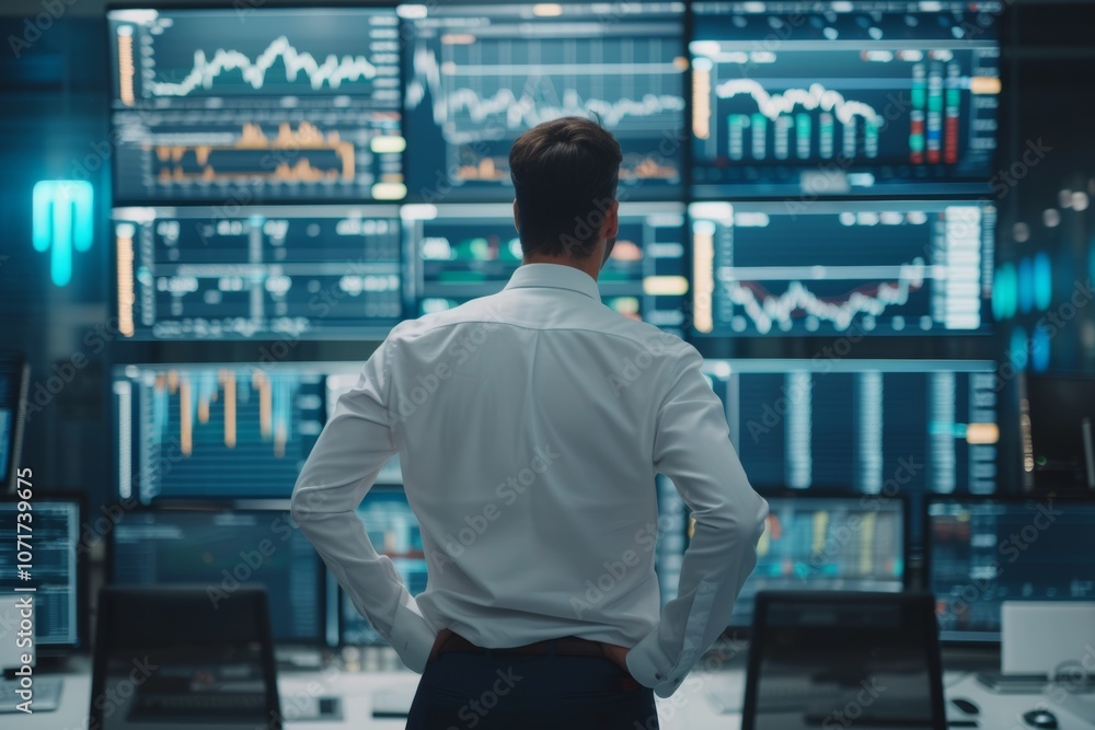 Aufkleber a top manager stands confidently in a modern trading room, analyzing multiple screens displaying sto