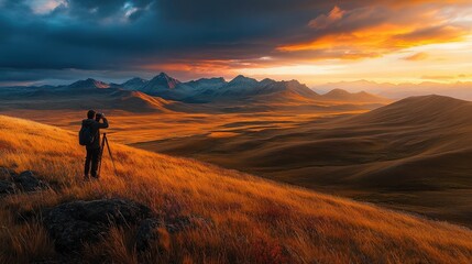 A photographer capturing a breathtaking sunset using the golden hour technique, with the soft, warm lighting accentuating the scene,
