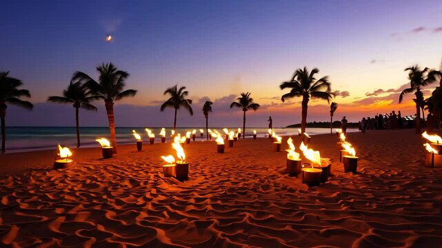 Camera tracking video of tiki torches at a Polynesian festival on a tropical beach at sunset with gobo lighting, flickering flames, and gentle waves