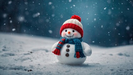 Fototapeta premium Winter landscape with a cute little smiling snowman in a winter hat and scarf. Winter postcard