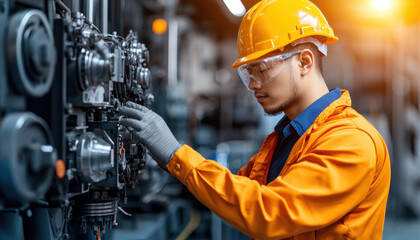 A focused technician in safety gear works on a complex machine, showcasing industrial expertise and attention to detail in a modern facility.