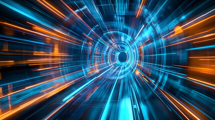 Obraz premium Futuristic digital tunnel with vibrant blue and orange lights, representing advanced technology and innovation.