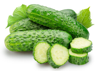 Fresh sweet small cucumbers and cucumber slices isolated on white background. Cucumbers that are used to pickling or slicing.