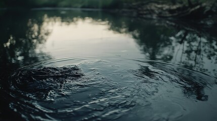 A polluted river with oil slicks floating on the surface, emphasizing the harmful effects of oil pollution on aquatic ecosystems and the environment