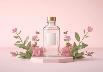 Blank mockup of glass bottle with label on a pink background with flowers