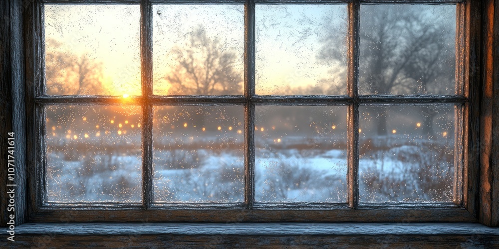 Poster Frosted Window with a View of a Snow-Covered Landscape at Sunset