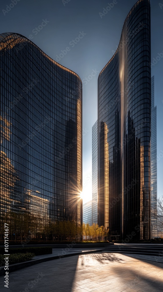 Poster two tall buildings with a large window on the top floor