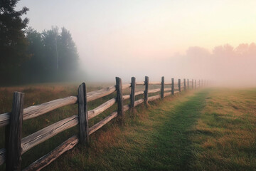 Obraz premium A picturesque scenic view showcasing a foggy landscape, featuring a wooden fence and rolling hills. Generative AI