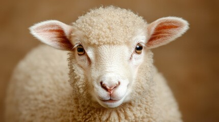 Fototapeta premium Adorable Young Lamb Portrait Captured in Soft Focus, Showcasing Its Fluffy Wool and Innocent Expression Against a Warm Background