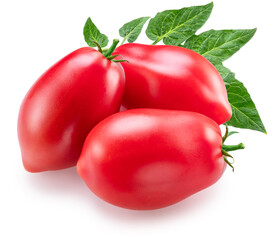 Red ripe Roma tomatoes with green leaves isolated on white background. File contains clipping path.