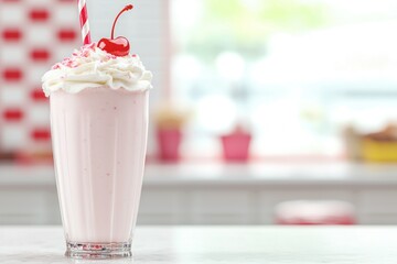 Delicious pink milkshake with whipped cream and cherry in retro diner setting