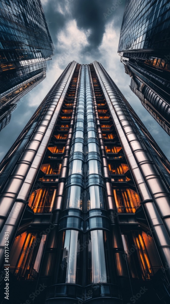 Poster The image is of a tall building with many windows
