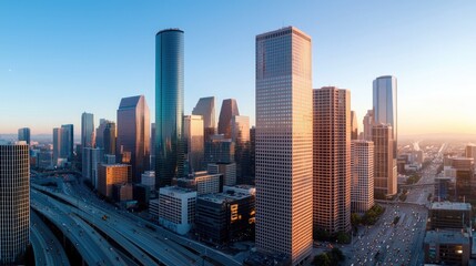 Stunning Panoramic View of Houston Skyline at Sunset with Glowing Skyscrapers and Busy Highways Captured in Vibrant Colors and Clear Skies