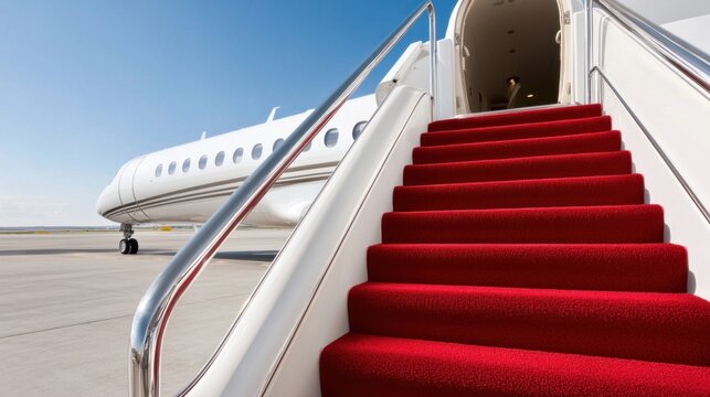 Luxurious private jet with red carpet stairs under clear blue sky - Powered by Adobe
