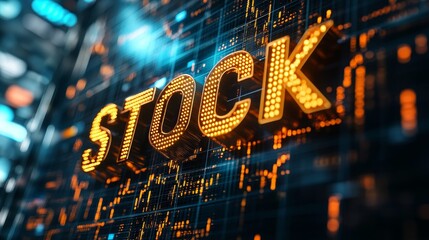 The 3D golden text "STOCK" is presented in bold metal letters, with a detailed stock market trend chart as the background. Symbolizing wealth, investment, and the global economy.