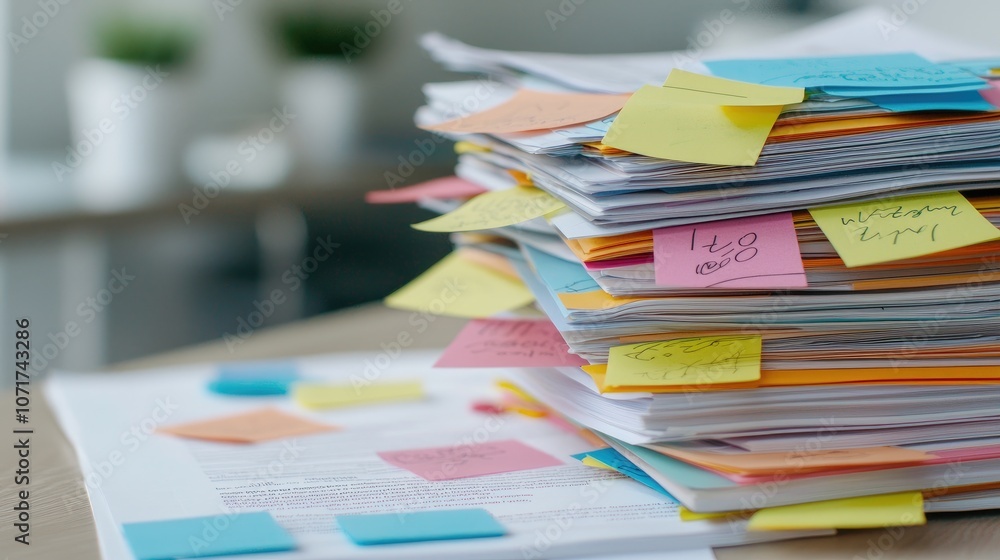 Poster overwhelming stack of colorful sticky notes on neatly organized documents representing diligent work