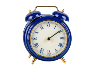 a blue alarm clock with gold legs