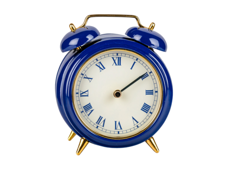 a blue alarm clock with gold legs